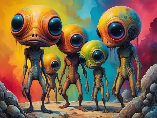 Prompt: (a fine art painting), five alien men, (large eyes), (large heads), standing in front of a colorful background, vibrant hues, intricate details, surreal elements, inspired by Esao Andrews, (pop surrealism), rich textures, striking contrasts, (dystopian art), immersive atmosphere, otherworldly feel, (ultra-detailed), captivating and enchanting ambiance.