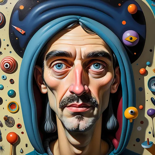 Prompt: (abstract art), (vibrant colors), a whimsical man with a weird face and a quirky hat, surrounded by assorted strange objects, inspired by Art Spiegelman, incorporating elements of pop surrealism and pj crook, dreamy and surreal ambiance, highly imaginative elements blending together, creates a captivating visual narrative, 4K, ultra-detailed, expressive brush strokes.