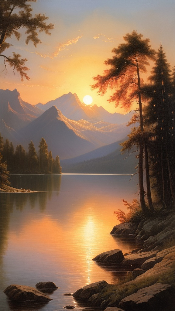 Prompt: a painting of a sunset over a lake with mountains in the background and trees in the foreground, and a bright sun in the distance, Christophe Vacher, american scene painting, beautiful landscape, a fine art painting