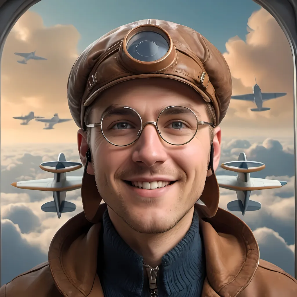 Prompt: A confident man with a warm smile dons a vintage aviator cap complete with goggles, giving him a charming, adventurous air. His light brown hair peeks out beneath the hat, while expressive eyes convey a sense of curiosity and friendliness. He wears a dark jacket layered over a shirt, enhancing his rugged yet approachable appearance. In the background, stylized retro-futuristic aircraft float against a softly lit, atmospheric backdrop, suggesting an imaginative world where aviation thrives amid fluffy clouds. The color palette combines earthy tones with hints of blue and gray, creating a tone of nostalgia mixed with excitement, as if inviting viewers into a whimsical adventure.