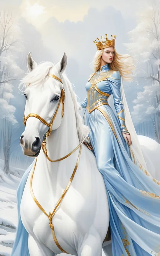 Prompt: "Epic fantasy character art, a woman in a flowing blue dress, standing regally next to a majestic white horse, adorned with a shining golden helmet and a glittering golden crown. Drenched in enchanting colors, the atmosphere radiates magic and grandeur, surrounded by a mystical forest background, intricate detailing, high resolution, oil painting style reminiscent of Anne Stokes’ fantasy works."