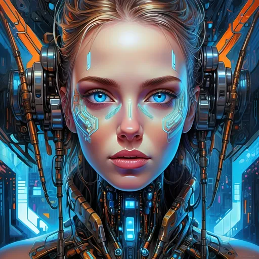 Prompt: Futuristic-cybernetic style painting, a woman with vibrant blue eyes, colorful facial patterns reflecting advanced technology, captivating expression, created by Android Jones, intricate details, imaginative color scheme, rich texture, glowing neon hues, analytical art perspective, remarkable digital painting, cyberpunk aesthetics, ultra-detailed, stunning visuals, captivating imagery, bold energy, dramatic lighting, enchanting atmosphere.