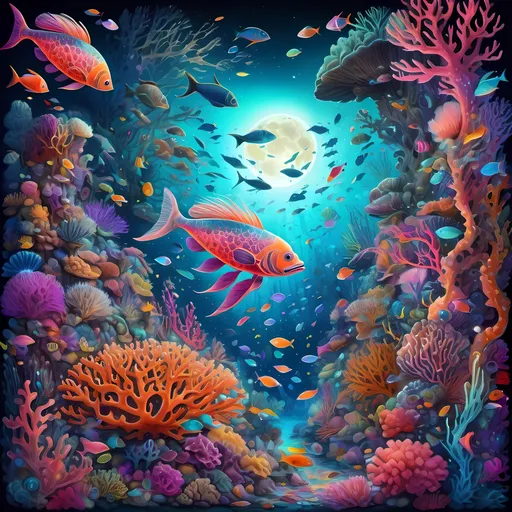 Prompt: Coral reef with a majestic sea creature, surrounded by vibrant fish and intricate corals, illuminated by the ethereal glow of a full moon, styled in the psychedelic art of Android Jones, ultra-detailed digital painting, vivid colors, magical atmosphere, intricate patterns, mesmerizing depth, high resolution, dreamlike quality, surreal beauty.