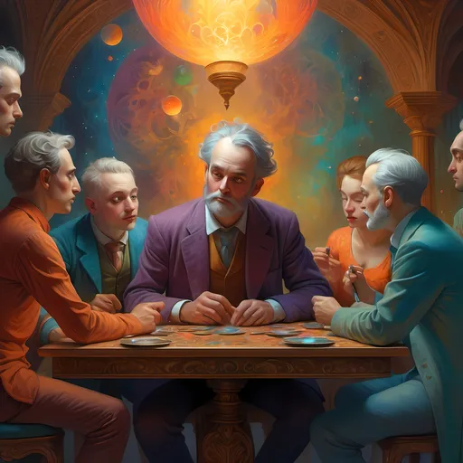 Prompt: (ultrafine detailed painting), a man sitting at a table, engaging with others in a lively discussion, (Daniel Merriam style), highly detailed figures, expressive postures, intricate surroundings, vivid colors, dynamic composition, atmospheric depth, digital masterpiece, thoughtful expressions, rich textures, warm lighting illuminating faces, high-quality 4K render.