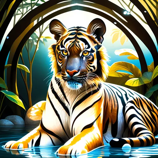 Prompt: Photorealistic, a majestic tiger gracefully sitting in crystal-clear water, surrounded by nature’s beauty, sun rays shimmering on the water's surface, vibrant warm color scheme, lush greenery from an old tree in the background, surreal, inviting atmosphere, Art Brenner inspiration, wildlife photography, ultra-detailed rendering, captivating light reflections, harmonious natural scene.