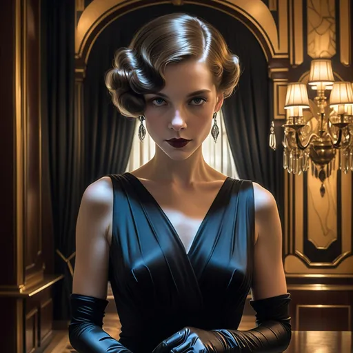 Prompt: A woman adorned in a black dress and gloves stands at the center, surrounded by the opulence of a luxurious room. Chandeliers and wall lamps illuminate the space, reflecting the art deco style. Her elegant posture embodies freedom of expression, while dramatic lighting casts rich shadows around her, highlighting intricate details and patterns reminiscent of J.C. Leyendecker's work. The scene is framed like a comic book panel, with vibrant color contrasts and a highly detailed 8K ultra-resolution that contributes to a cinematic ambiance, alluding to Hubert de Givenchy's influence.