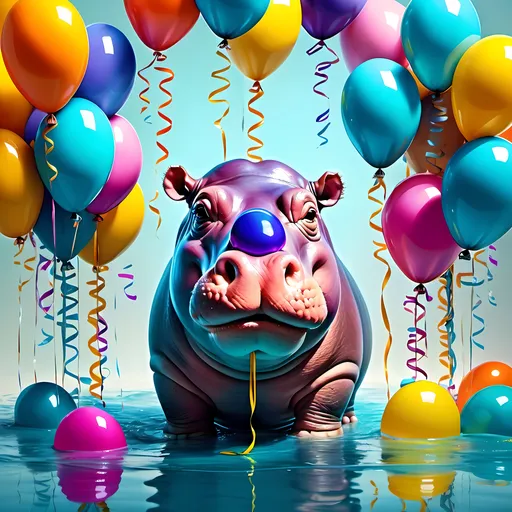 Prompt: (hippo standing in a pool of water), surrounded by vibrant (helium balloons and streamers), (Chris LaBrooy style), exploring themes of (pop surrealism), featuring (hyper-realistic details), rich color contrasts, playful atmosphere, dynamic composition, background with (dreamy, whimsical elements), (airbrush painting technique), intricate textures, euphoric vibe, (4K ultra-detailed imagery).