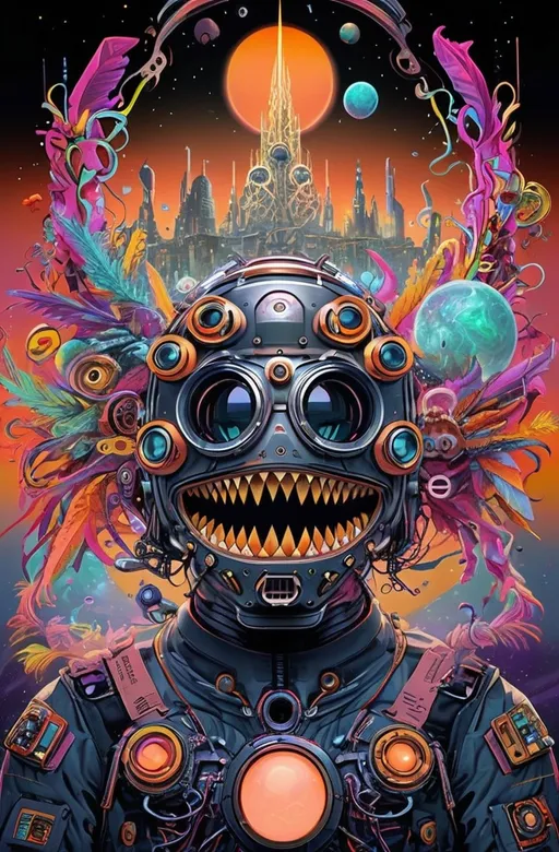 Prompt: (robot with a weird face), (vibrant psychedelic colors), city skyline, glowing orange light, clock tower, (highly detailed), (Android Jones style), (Josan Gonzales influence), (Dan Mumford inspiration), futuristic elements, urban ambiance, neon lights, (cyberpunk art), dreamlike atmosphere, (4K ultra-detailed).