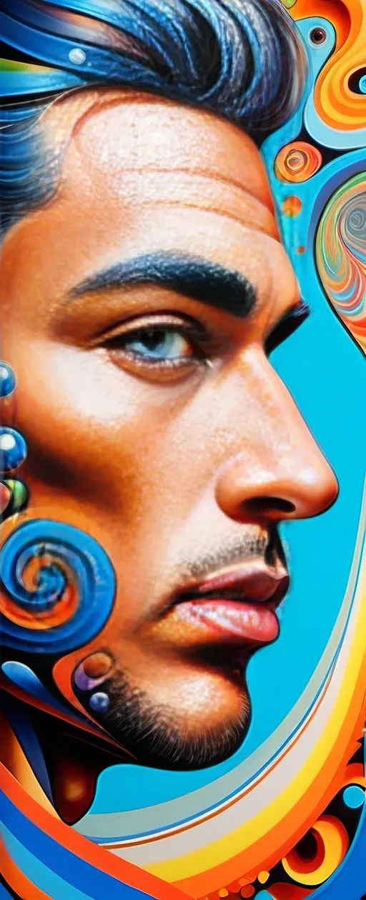 Prompt: (surrealism style painting), man's face, (colorful swirl pattern) across the face, vibrant color scheme, (blue background), inspired by Android Jones and Tristan Eaton, psychedelic art, ultrafine details, rich textures, captivating composition, (highly detailed), extravagant colors, dreamlike atmosphere, (modern masterpiece), creative expression with a twist of imagination.