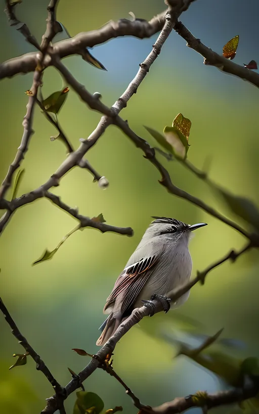 Prompt: Upon the branch, the small bird waits,
With keen eyes fixed on rustling ground.
In shadows deep, its hunger baits,
As prey moves near, without a sound.
A sudden dash, a flash of flight,
Nature's dance, both fierce and fair.
In moments brief, the day turns night,
Life's fragile thread, a breath of air.
