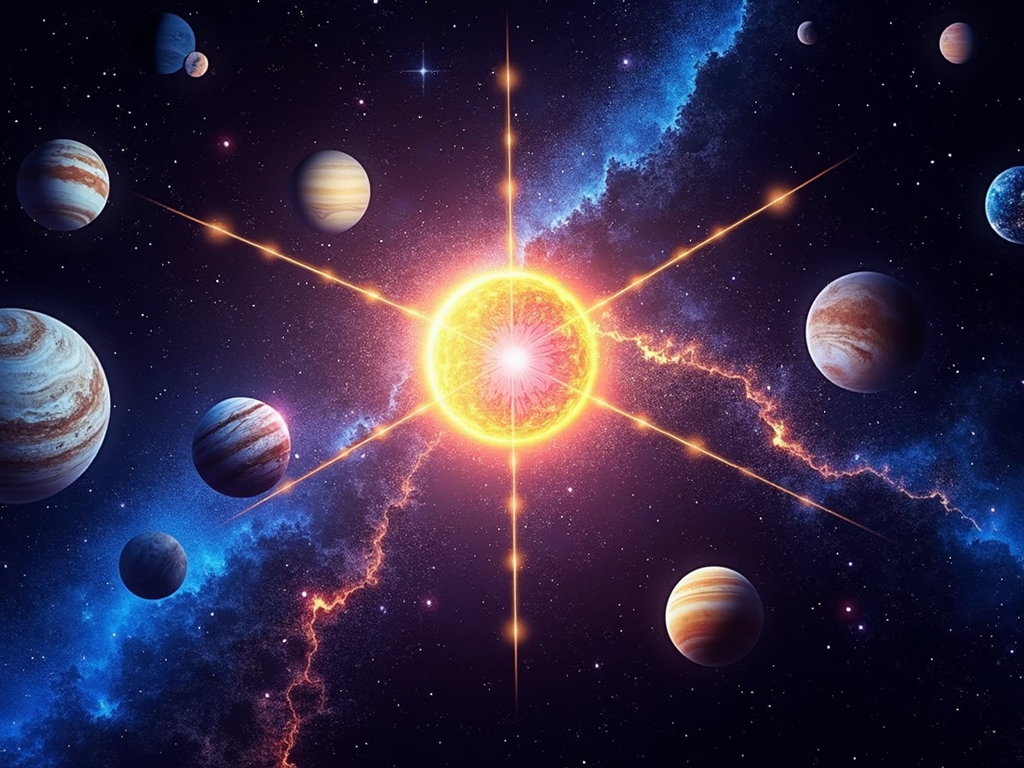 Prompt: a group of planets in the sky with a star in the middle of the image and a bright star in the middle of the picture, Beeple, space art, space, concept art