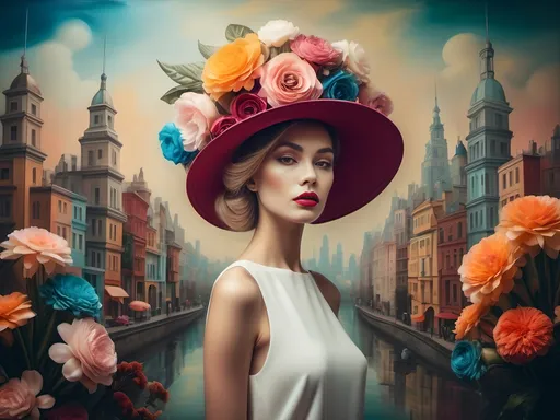 Prompt: (woman with a hat and flowers on her head), standing in front of a (surrealist painting of a city), captured in (art photography) and (fashion photography), epitomizing elegance and creativity, vibrant colors, soft focus, high fashion details, harmonious blend of real and surreal, eclectic background with an artistic flair, dreamy atmosphere, (4K), (ultra-detailed).