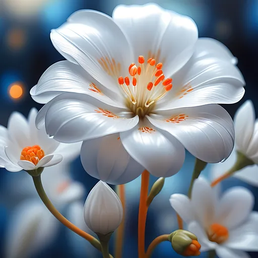 Prompt: (photorealistic), white flower, orange stamens, (macro photography), (airbrush painting), cloisonnism style, golden and blue lights in the background, beautifully blurred ambiance, soft bokeh effect, serene atmosphere, ultra-detailed, vibrant color contrast, artistic mastery, intricate textures, luminous glow, captivating composition, enhancing floral elegance.