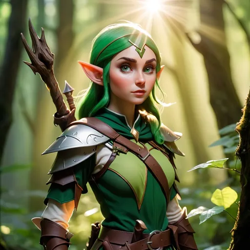 Prompt: Elf ranger in a mystical forest around sunlight