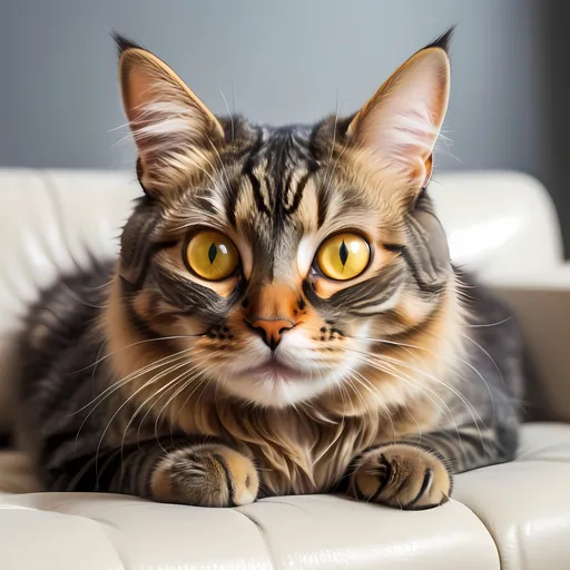 Prompt: (zany cat), bright yellow eyes, crazed expression, lounging on a cozy couch, directly looking at the camera, vibrant colors, (superflat style), playful and humorous atmosphere, high-quality animal photography, stock photo, engaging and quirky composition, detailed texture of the couch, soft warm lighting for a friendly feel, ultra-detailed 4K image.