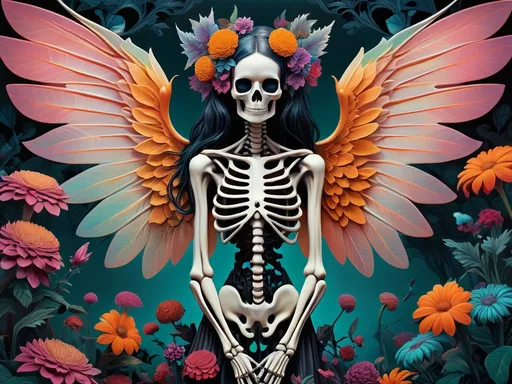 Prompt: (surrealism style), vibrant color scheme, (woman with a skeleton body), (ethereal wings), surrounded by lush flowers and leaves, holding a radiant flower, inspired by Damien Hirst, gothic art elements, intricate anatomical details, blended with a cyberpunk aesthetic, high contrast colors, ultra-detailed and dreamlike ambiance, captivating visual elements, enchanting atmosphere.