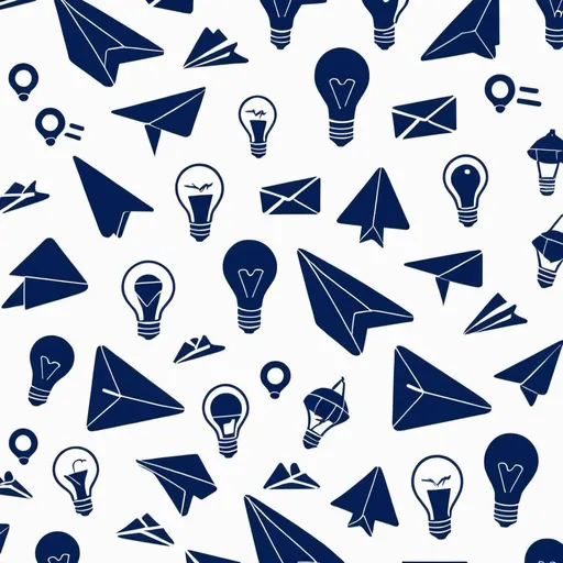 Prompt: pattern. white background, navy blue icons - message, phone, camera, paper plane, bulb. all elements are the same size and semitransparent