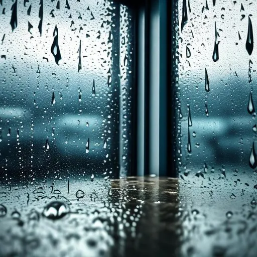 Prompt: Rain hitting a window, realistic water droplets, detailed rain streaks, high quality, realistic, atmospheric lighting, moody atmosphere, looking through window
