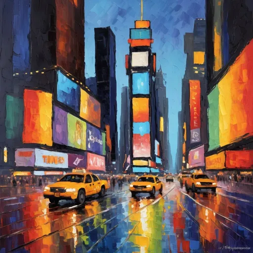 Prompt: Vibrant oil painting of Times Square at night, impressionist style, bustling city lights, energetic brushstrokes, dynamic composition, rich and warm color palette, thick impasto texture, high quality, oil painting, impressionist, Times Square, vibrant colors, energetic composition, dynamic brushstrokes, warm tones, bustling city lights, thick impasto texture, professional, atmospheric lighting