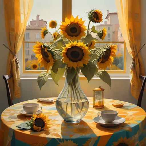 Prompt: A whimsical representation of sunflowers in a clear vase on a vibrant tablecloth, exuding cheerful emotions as sunlight spills over the scene, painting swirling gardens in the distance bathed in luminous hues, golden sparkles of embers flying about, crafted in the dynamic style of Abdulov and mixed with motifs from Alessandro Gottardo, layering artistic effort with elements inspired by Hashimoto Gaho, bright visual tones accentuating a hopeful mood, intricate patterns and textures enriching the artwork