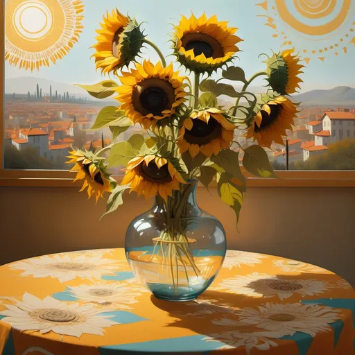 Prompt: A whimsical representation of sunflowers in a clear vase on a vibrant tablecloth, exuding cheerful emotions as sunlight spills over the scene, painting swirling gardens in the distance bathed in luminous hues, golden sparkles of embers flying about, crafted in the dynamic style of Abdulov and mixed with motifs from Alessandro Gottardo, layering artistic effort with elements inspired by Hashimoto Gaho, bright visual tones accentuating a hopeful mood, intricate patterns and textures enriching the artwork