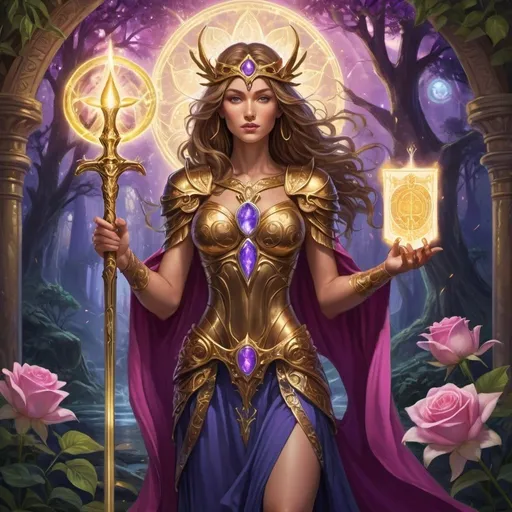 Prompt: tarot card  illustration, a dark brown-golden haired warrior goddess with golden-indigo fairy wings, holding a golden glowing holy grail, and Excalibur sword of truth, detailed ornate purple  cloth robe, dramatic lighting, tree of life, hot pink roses and lily, jungle behind, rainbow, sovereign blue lightning aura portal with sacred symbols vortex to golden age temple of light, oracle of love