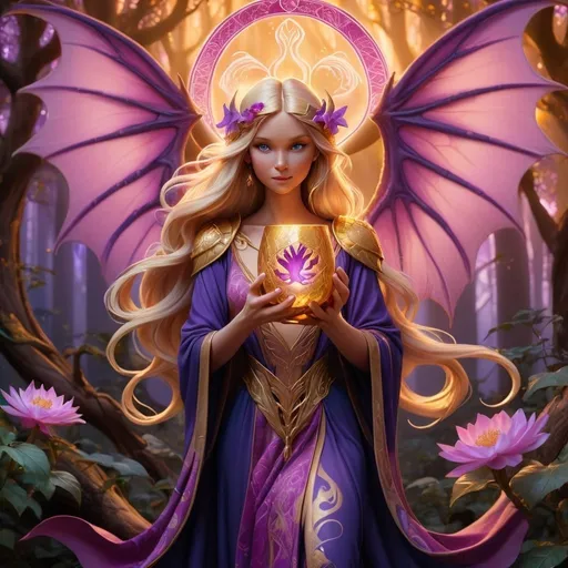 Prompt: Elf goddess tarot card fairy illustration, a brown - golden haired glowing golden woman with huge wings , in front of purple dragon and tree of life, holding the golden glowing holy grail, flower of life patterns on ornate cloth flowers indigo blue robe, dramatic lighting strike, cerise- purple dragon,  with huge butterfly wings, holding a glowing holy grail, in front of a huge pink- purple dragon,  in a mystical forest around sunlight