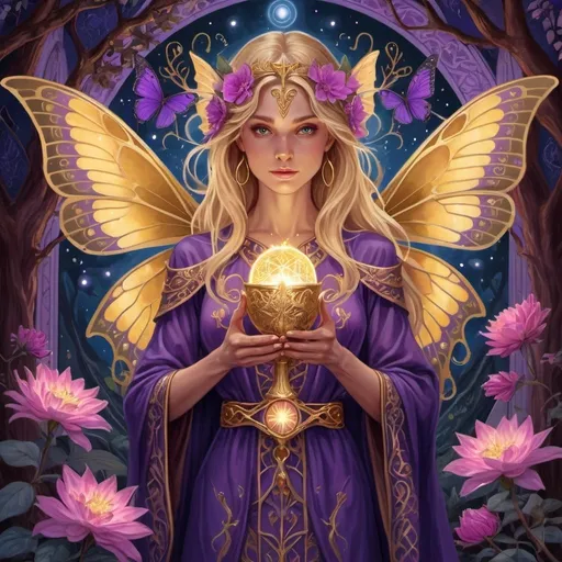 Prompt: Elf goddess tarot card fairy illustration, a brown golden haired glowing golden woman with huge butterfly wings, holding a glowing holy grail, in front of purple dragon and tree of life, holding the golden glowing holy grail, flower of life patterns on ornate cloth flowers indigo blue robe, dramatic lighting strike, cerise- purple dragon, in front of a huge pink- purple dragon,  in a mystical forest around sunlight