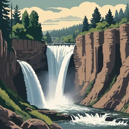 Prompt: spokane washington city waterfalls river wpa style

