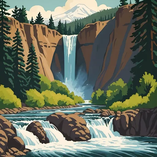 Prompt: spokane washington city mountains waterfalls river wpa style
