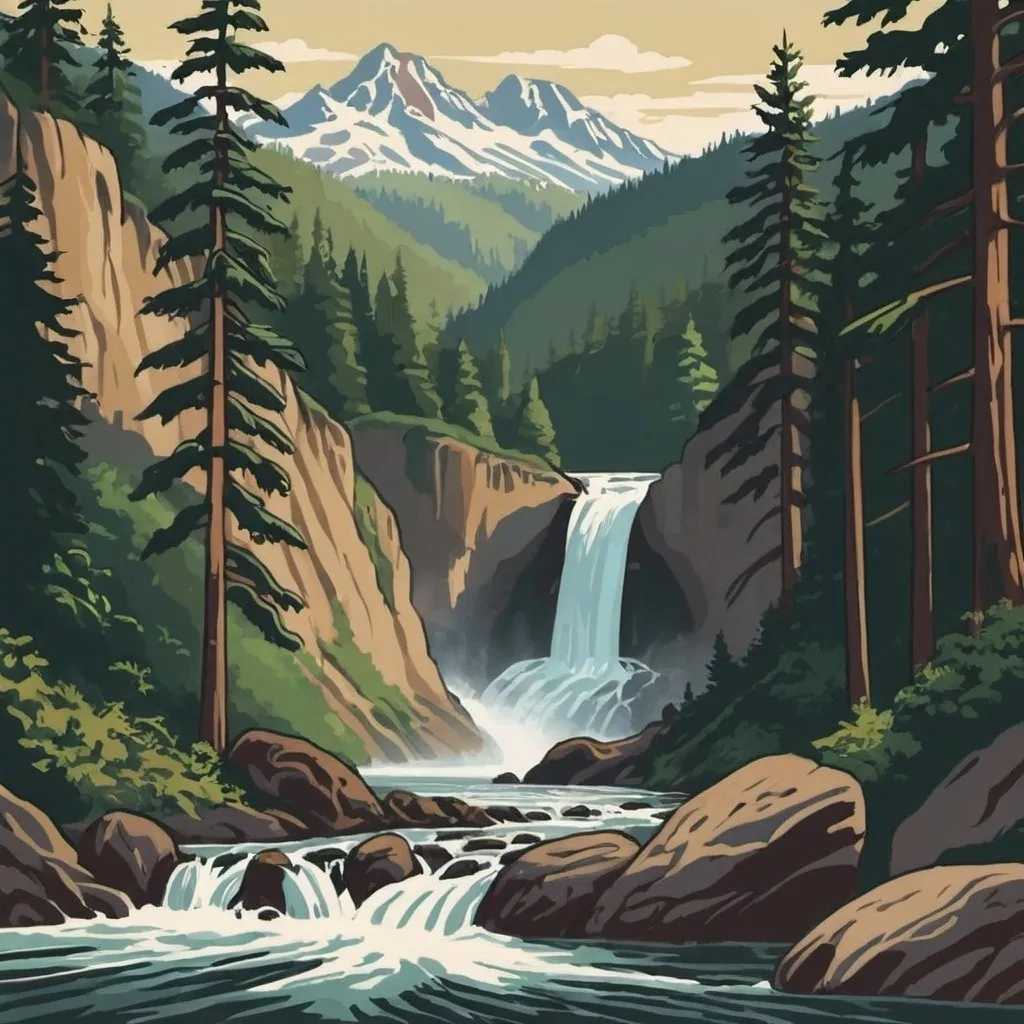 Prompt: pacific northwest mountains waterfalls river wpa style
