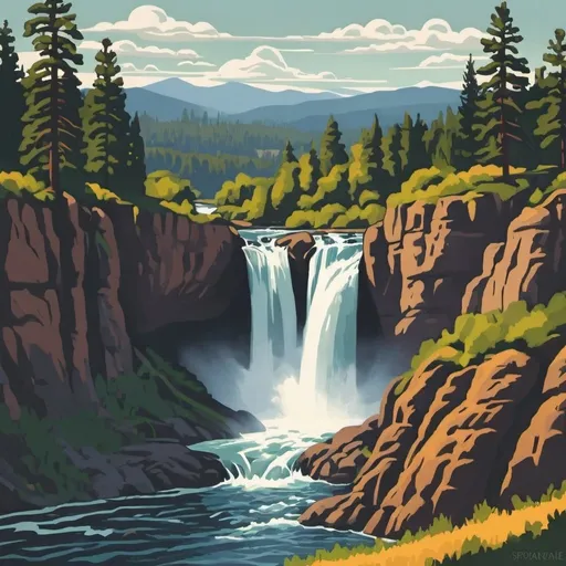 Prompt: spokane washington mountains waterfalls river wpa style
