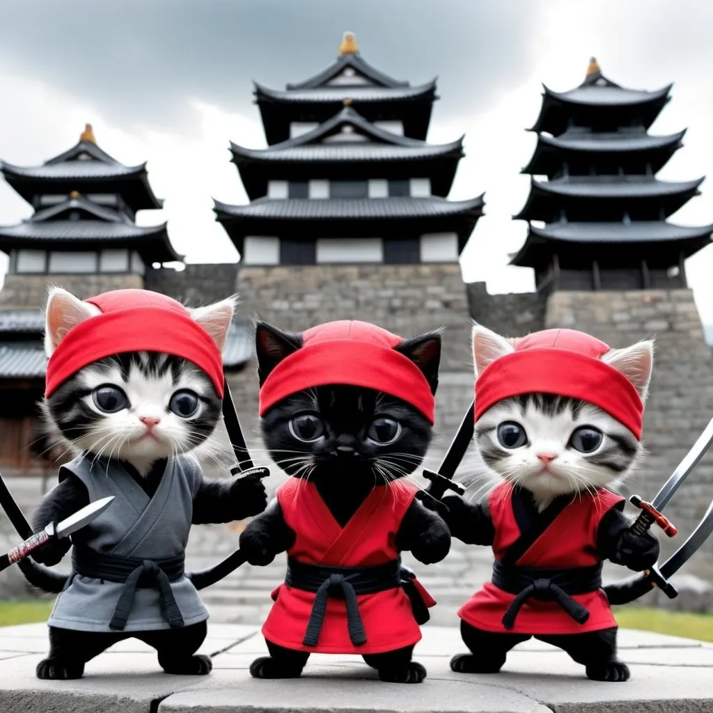 Prompt: groups of cute photo real Ninja kittens in red outfits, black outfits and gray outfits  fighting against each other with Ninja weapons. The background is an old 
Japanese castle in comic book style
