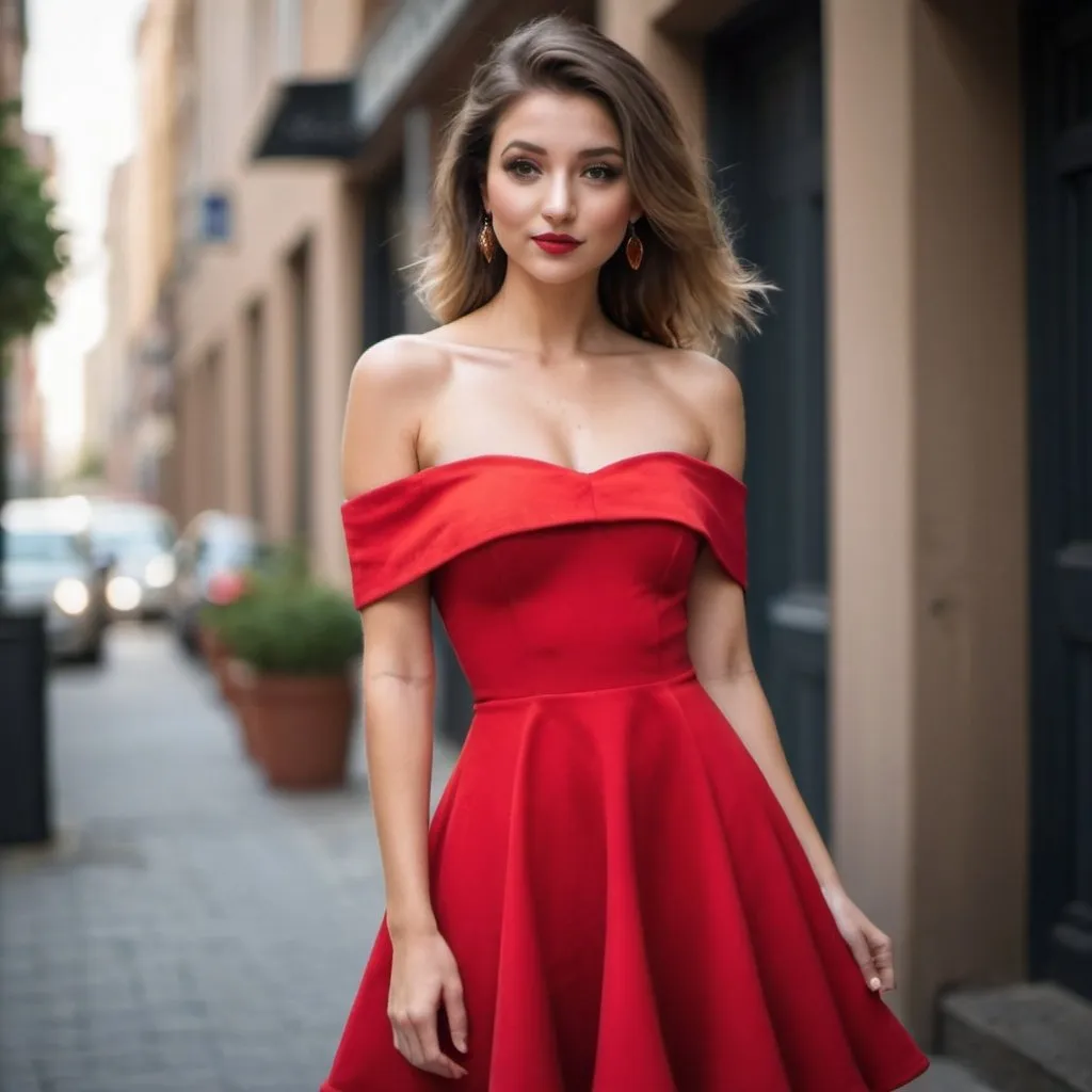 Prompt: beautiful lady in Off The Shoulder Wearing A Very Short Flared Strapless Red Dress 