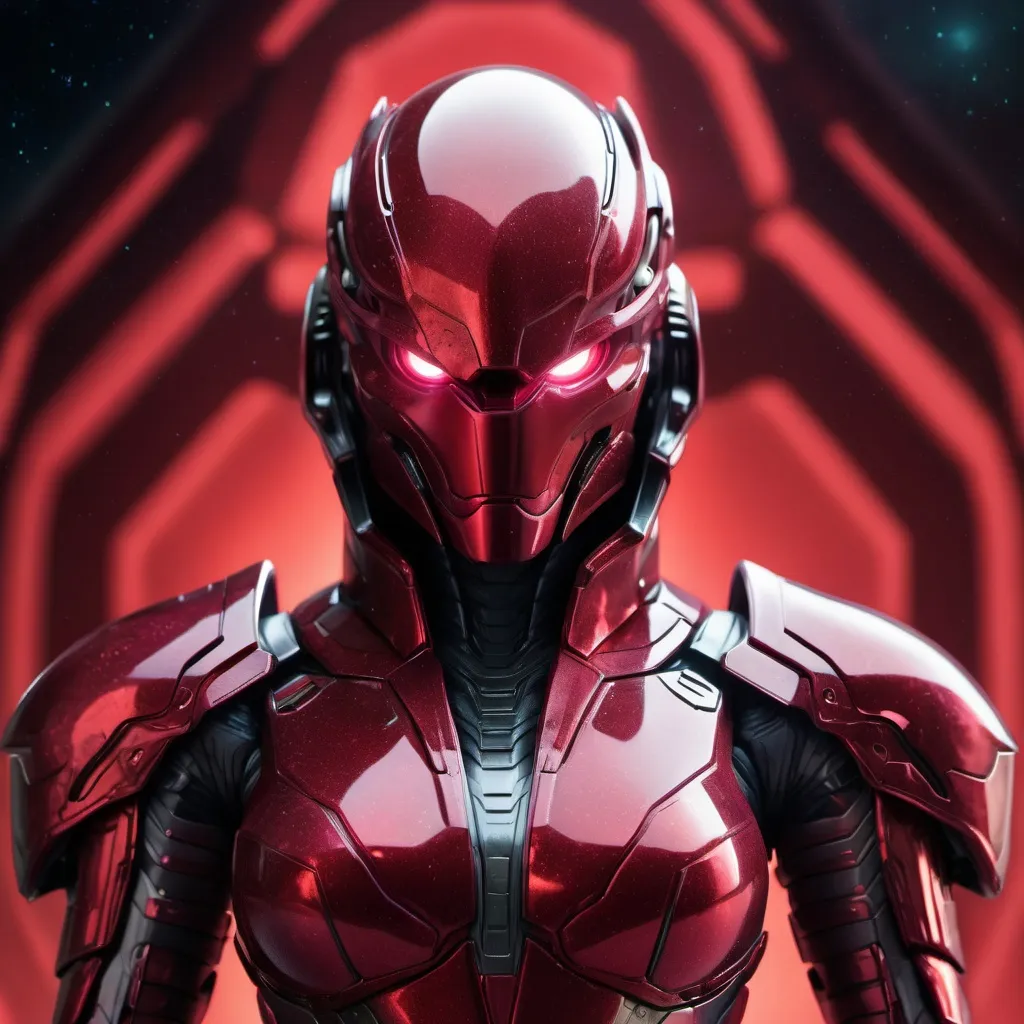 Prompt: Portrait (((symmetrical)) of an organic  living bio-armor with serrated edges, hunter killer super soldier in a crimson iridescent ablative armor, [star-field background], feminine, power suit, predator, (wide view), epic, (((cinematic))), panned out view, zoomed out, cybernetic angel 
