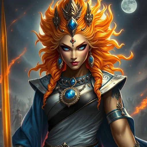 Prompt: Generate an realistic image of a fierce and powerful female royal character with golden skin, inspired by the Hindu goddess themes. Deva. She has wild glowing flaming sunset colored  hair,  and piercing sapphire blue eyes that radiate strength and wisdom. She is dressed in silver, black, and blue robes with a moon motif, ensure that her features also reflect modern beauty standards—symmetrical heart shaped face, full lips, narrow brows, long lashes, and narrow defined jaw. She wears a blend of traditional attire like a sari, but with a modern twist that makes her appearance contemporary yet still mystical. Her pose is dynamic, showing strength and grace, with a backdrop of a cosmic battlefield, symbolizing her warrior nature, but incorporating soft elements like moonlight that add a touch of beauty and divinity.