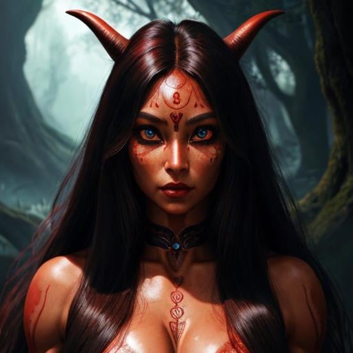 Prompt: humanoid, female, wide nasal bridge, long bestial hair, (feral), muscular, deep red skin alien, large eyes, warrior, perfect face, perfect body