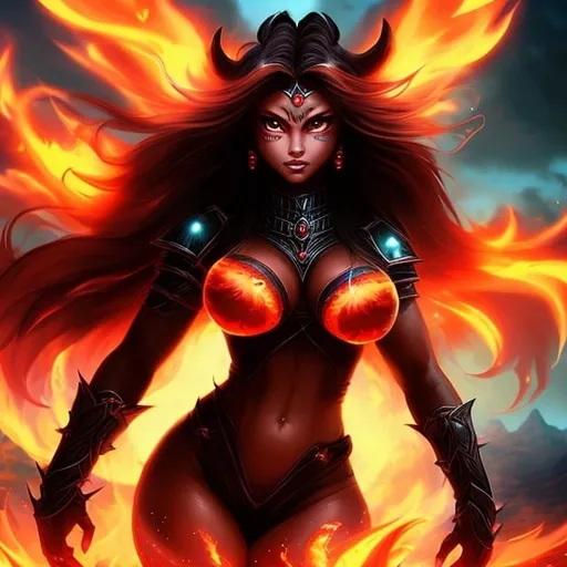 Prompt: female, {wide nasal bridge}, long bestial hair, {feral}, muscular, {dark red skin}, red-skinned-female (tall), {alien}, {large eyes}, warrior, perfect face, perfect body, (radiating energy), (blazing), (fire deity), (wide angle), (epic) , (battle pose), (perfect eyes),