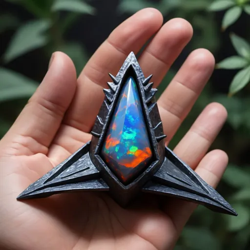 Prompt: organic arrow head shaped living bio-space ship, super destroyer, armor of black fire opal in color