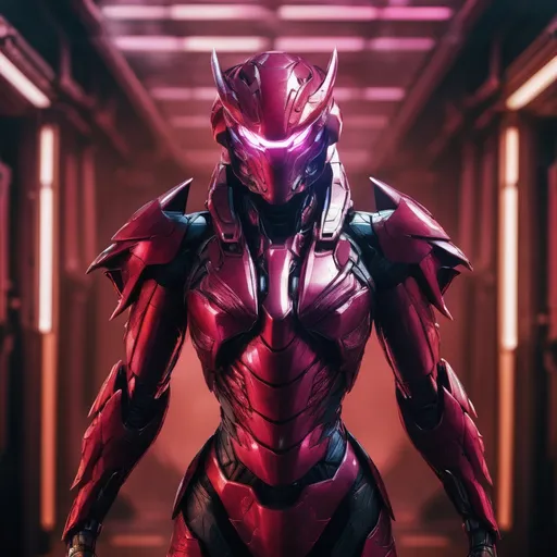 Prompt: Portrait (((symmetrical)) of an organic  living bio-armor with serrated edges, hunter killer super soldier in a crimson iridescent ablative armor, [star-field background], feminine, power suit, predator, (wide view), epic, (((cinematic))), panned out view, zoomed out, cybernetic angel 
