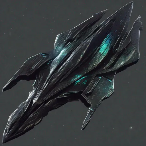 Prompt: organic arrow head shaped living bio-space ship, serrated edges, hunter killer ship, black iridescent ablative armor, back drop within a space battle