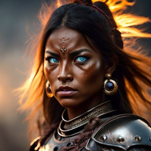 Prompt: female, {wide nasal bridge}, long bestial hair, {feral}, muscular, {red skin}, {alien}, {large eyes}, warrior, perfect face, perfect body, (radiating energy),(wide angle), (epic) , (battle pose), (perfect eyes), (tan skin), {aztec}