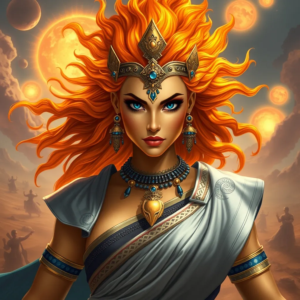 Prompt: Generate an realistic image of a fierce and powerful female royal character with golden skin, inspired by the Hindu goddess themes. Deva. She has wild glowing flaming sunset colored  hair,  and piercing sapphire blue eyes that radiate strength and wisdom. She is dressed in silver, black, and blue robes with a solar motif, ensure that her features also reflect modern beauty standards—symmetrical heart shaped face, full lips, narrow brows, long lashes, and narrow defined jaw. She wears a blend of traditional attire like a sari, but with a modern twist that makes her appearance contemporary yet still mystical. Her pose is dynamic, showing strength and grace, with a backdrop of a cosmic battlefield, symbolizing her warrior nature, but incorporating desert elements like raging suns that add a touch of beauty and divinity.