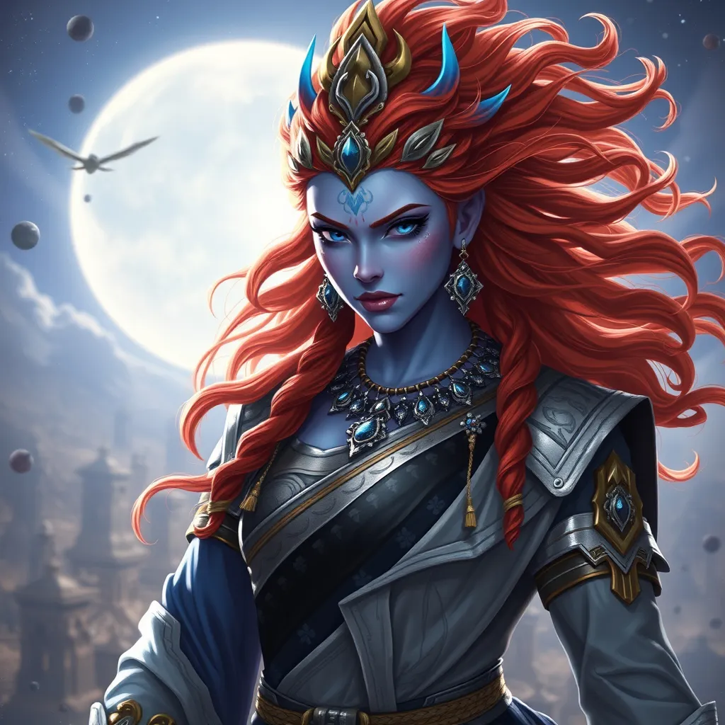 Prompt: Generate an realistic image of a fierce and powerful female royal character with lilac skin, inspired by the Hindu goddess themes. Deva. She has wild sunset flair colored  hair,  and piercing sapphire blue eyes that radiate strength and wisdom. She is dressed in silver, black, and blue robes with a moon motif, ensure that her features also reflect modern beauty standards—symmetrical heart shaped face, full lips, narrow brows, long lashes, and narrow defined jaw. She wears a blend of traditional attire like a sari, but with a modern twist that makes her appearance contemporary yet still mystical. Her pose is dynamic, showing strength and grace, with a backdrop of a cosmic battlefield, symbolizing her warrior nature, but incorporating soft elements like moonlight that add a touch of beauty and divinity.