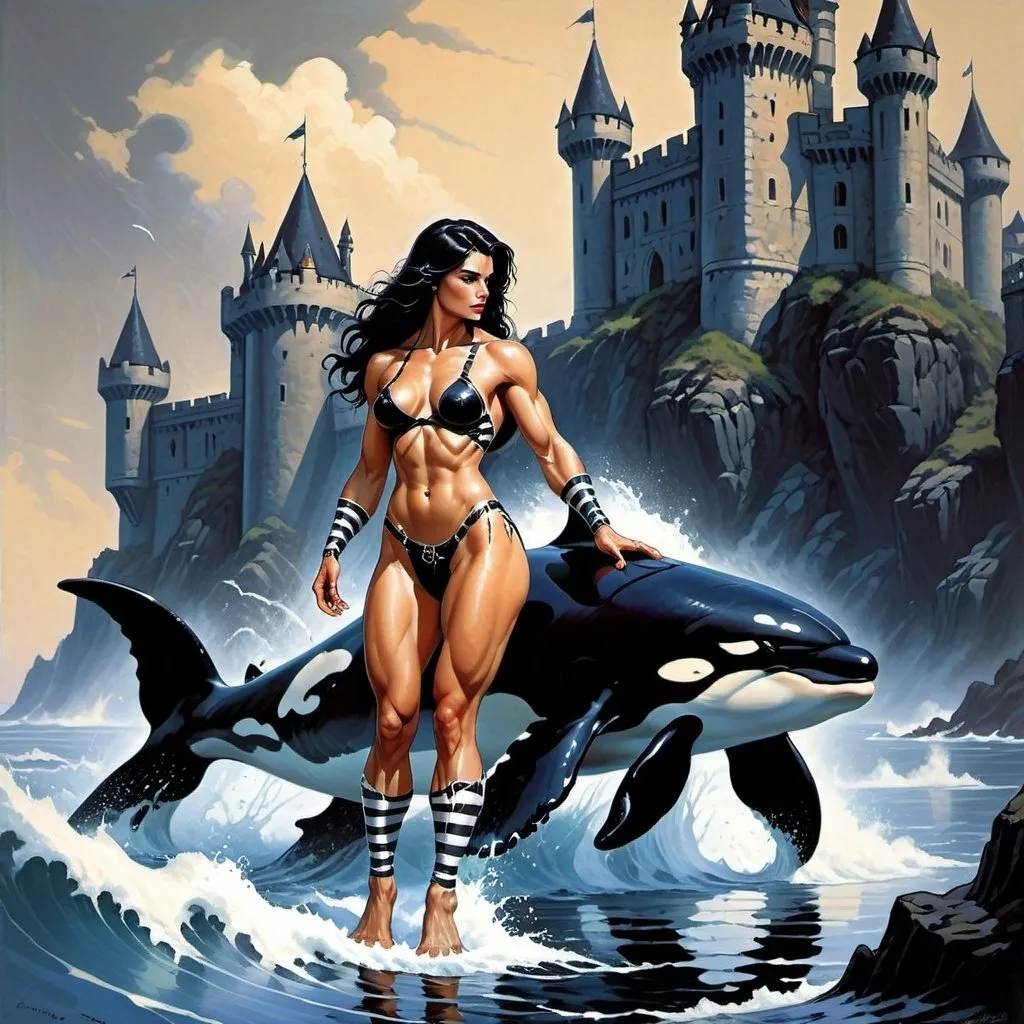 Prompt: primal huntress of the sea, muscular, perfect female figure with orca like features. Powerful legs. Long legs. Clawed hands. Realistic. Black hair. White skin. Black stripes. Background: Gothic sea side castle. In the style Frank Frazetta.