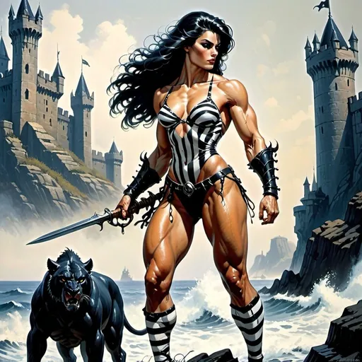 Prompt: primal huntress of the sea, muscular, perfect female figure with beast like features. Powerful legs. Long legs. Clawed hands. Realistic. Black hair. White skin. Black stripes. Background: Gothic sea side castle. In the style Frank Frazetta.