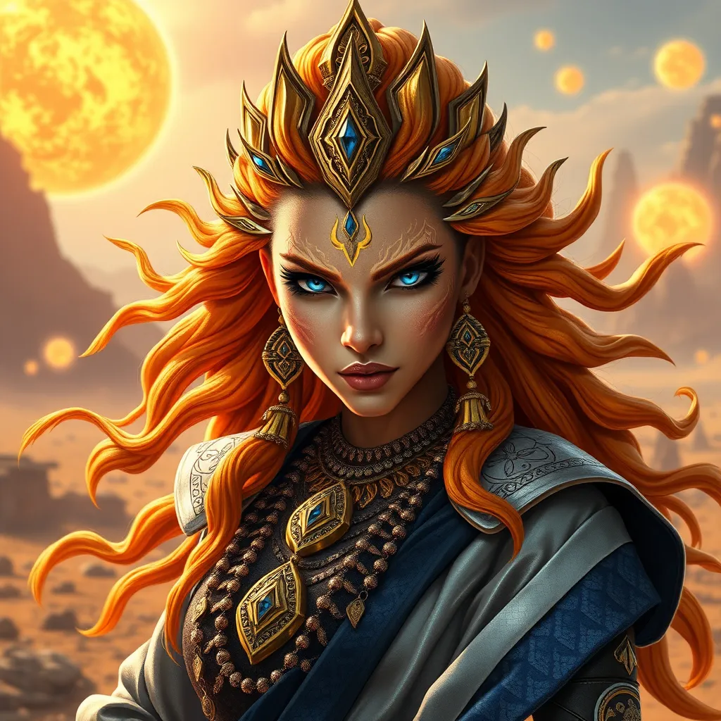 Prompt: Generate an realistic image of a fierce and powerful female imperial character with golden scales, inspired by the Hindu goddess themes. She has wild glowing flaming sunset colored  hair,  and piercing sapphire blue eyes that radiate strength and wisdom. She is dressed in silver, black, and blue robes with a solar motif, ensure that her features also reflect modern beauty standards—symmetrical heart shaped face, full lips, narrow brows, long lashes, and narrow defined jaw. She wears a blend of traditional attire like a sari, but with a modern twist that makes her appearance contemporary yet still mystical. Her pose is dynamic, showing strength and grace, with a backdrop of a cosmic battlefield, symbolizing her warrior nature, but incorporating desert elements like raging suns that add a touch of beauty and divinity.