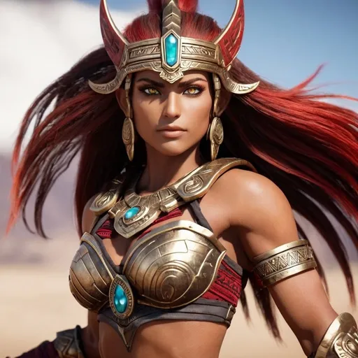 Prompt: female, {wide nasal bridge}, long bestial hair, {feral}, muscular, {red skin}, {alien}, {large eyes}, warrior, perfect face, perfect body, (radiating energy),(wide angle), (epic) , (battle pose), (perfect eyes), (tan skin), {aztec}