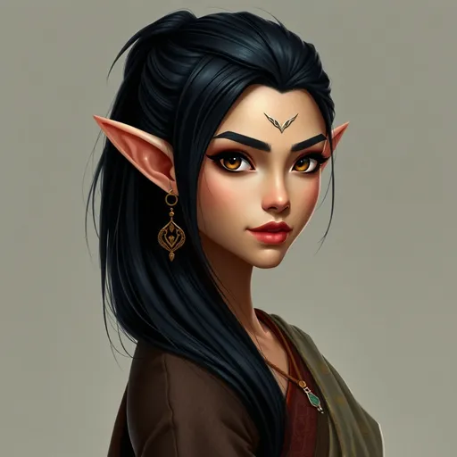 Prompt: Confident female elf with a sleek black long-layered haircut, and  striking brown eyes.  hourglass figure. Perfect face. She has powerful athletic build. His posture is strong and composed, exuding a sense of strength and self-assuredness.  She wears a blend of traditional attire like a sari, but with a modern twist that makes her appearance contemporary yet still mystical.