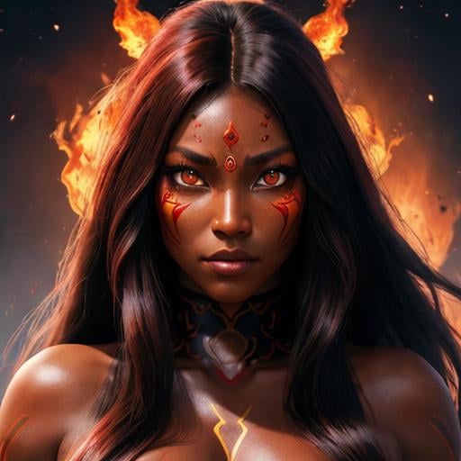 Prompt: humanoid, female, {wide nasal bridge}, long bestial hair, {feral}, muscular, {dark red skin}, red-skinned-female (tall), {alien}), {large eyes}, warrior, perfect face, perfect body, (radiating energy), (blazing), (fire deity), (wide angle), (epic) , (battle pose), (perfect eyes),